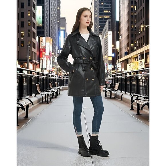 Women Faux Leather Blazer Jacket Vegan Pleather Lapel Button Down Casual Coat - Picture 6 of 6